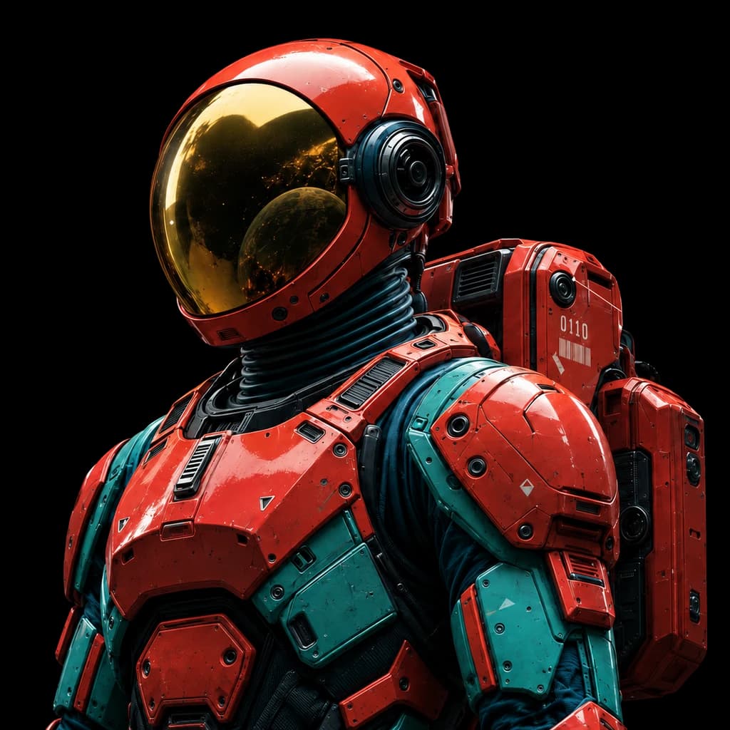 AstroMech in red and teal exploration armor, with a golden reflective visor