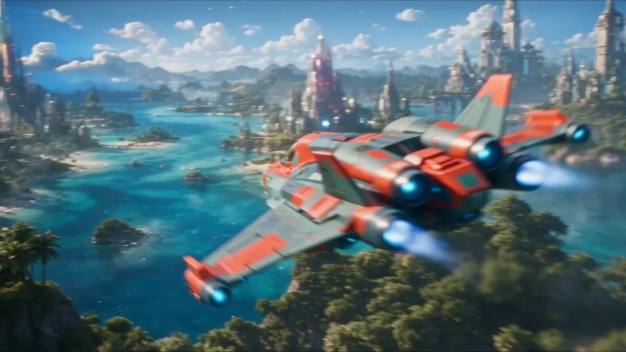 Ark 11 flying over the blue lagoons of Cosmae